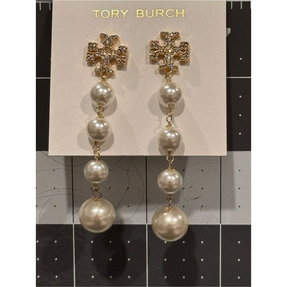NWT Tory Burch Crystal Double T Logo Graduated Pearl Linear Drop Earrings 3